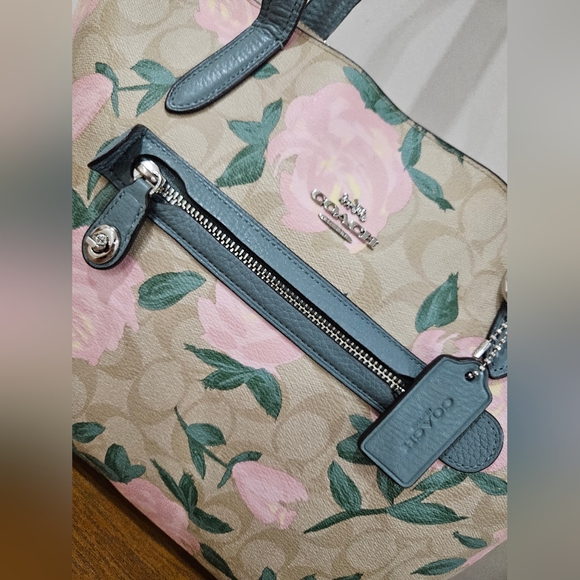 Coach Signature Floral Leather Tote Bag - Picture 6 of 11
